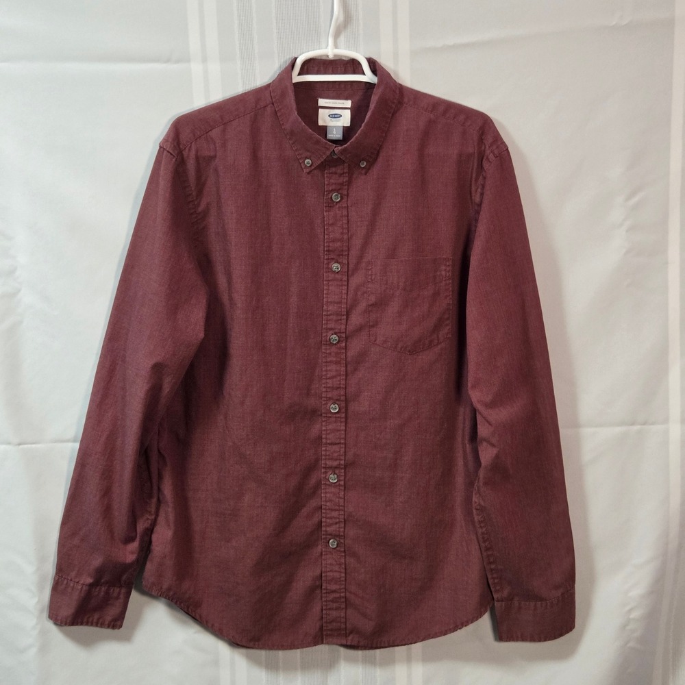 Old Navy Button Down Shirt Mens L Burgundy Slim Fit Long Sleeve Pocket Casual